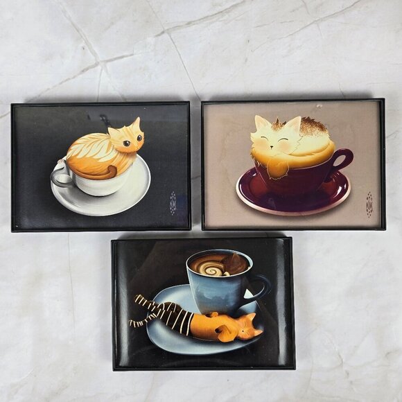 Set of 3 Whimsical Cat and Coffee Framed Prints Black Frames Ready to Hang - Picture 1 of 6